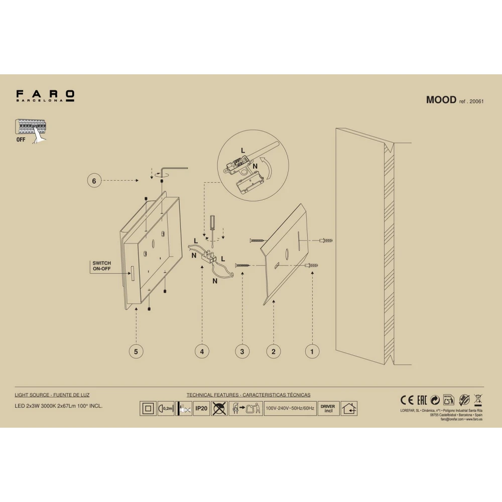Φωτιστικό Τοίχου Μαύρο Με Ξύλο Up-Down LED 2x3W MOOD FARO