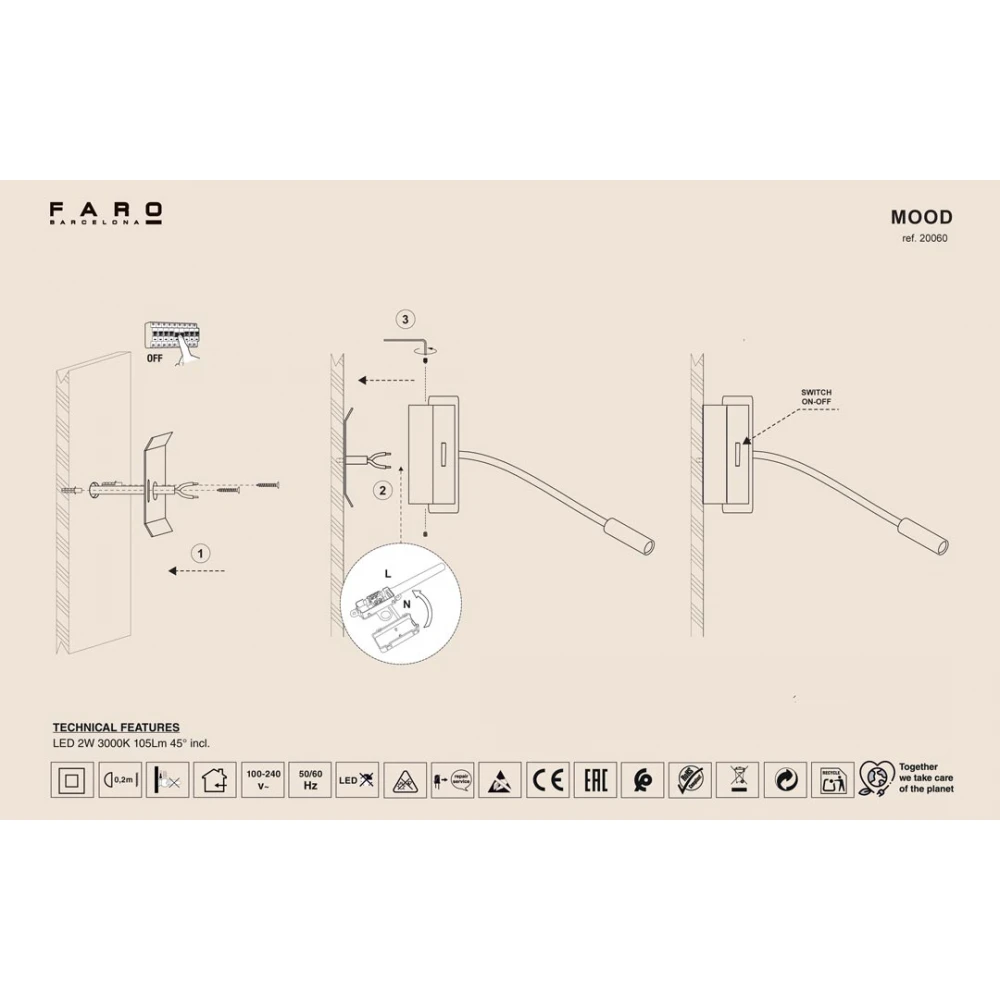 Φωτιστικό Τοίχου Ανάγνωσης Μαύρο Με Ξύλο LED 2W MOOD FARO