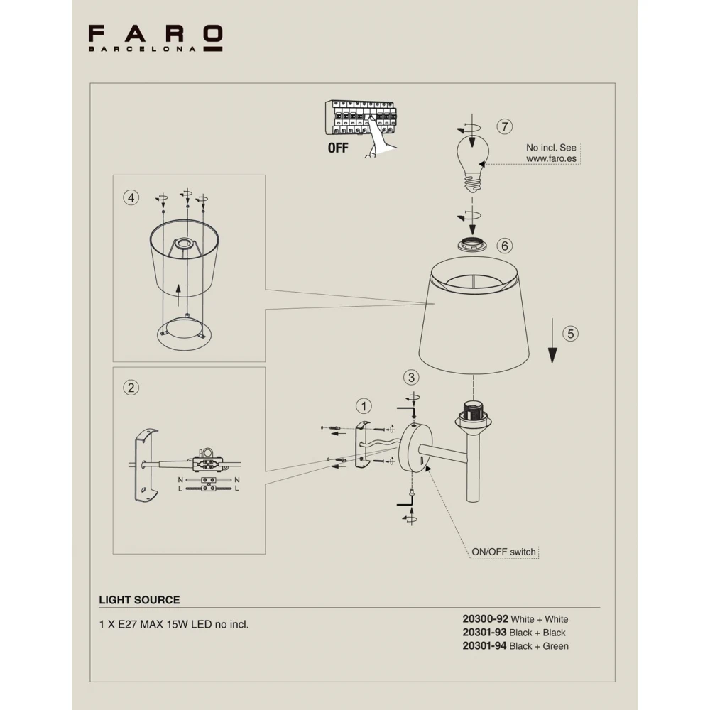 Επιτοίχιο Φωτιστικό Μεταλλικό Με Μαύρο Υφασμάτινο Καπέλο 1xE27 SAVOY - FARO
