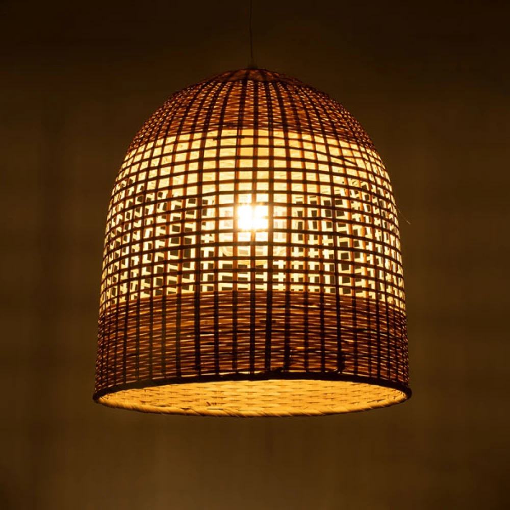 Μοντέρνο Κρεμαστό Φωτιστικό Οροφής Μονόφωτο 1 x E27 Μπεζ Μπαμπού Καμπάνα D42 x H44cm