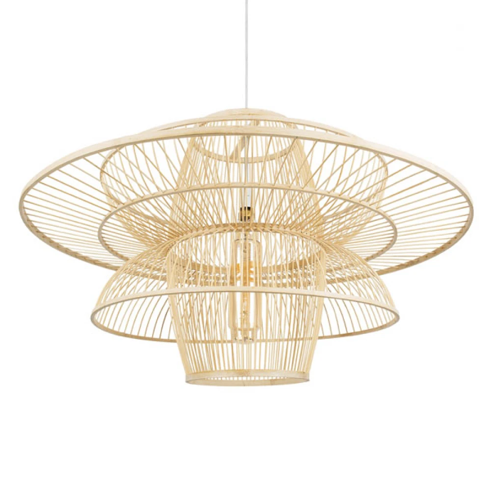 Vintage Κρεμαστό Φωτιστικό Οροφής Μονόφωτο Μπεζ Ξύλινο Bamboo Πλέγμα Φ100 x Y60cm