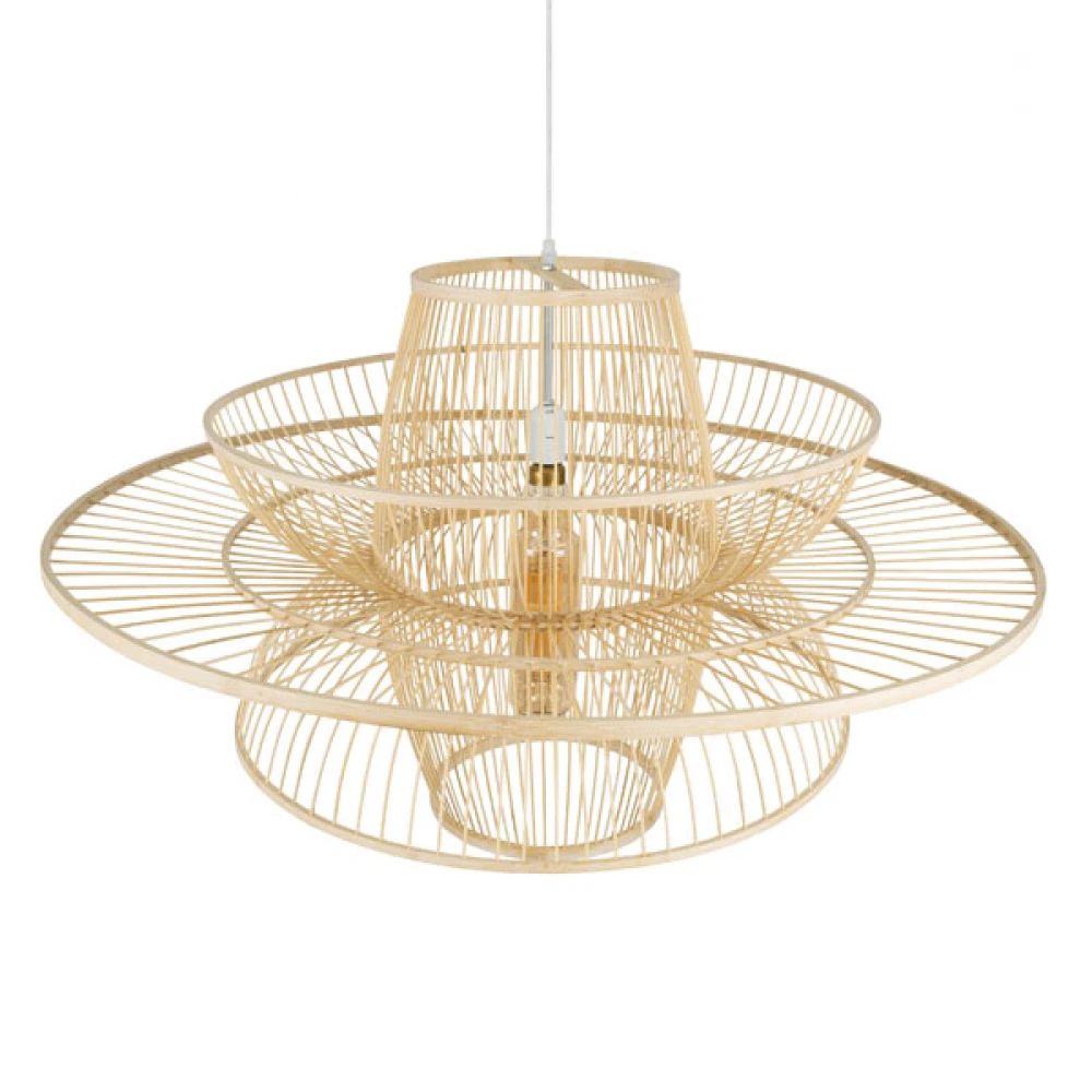 Vintage Κρεμαστό Φωτιστικό Οροφής Μονόφωτο Μπεζ Ξύλινο Bamboo Πλέγμα Φ100 x Y60cm