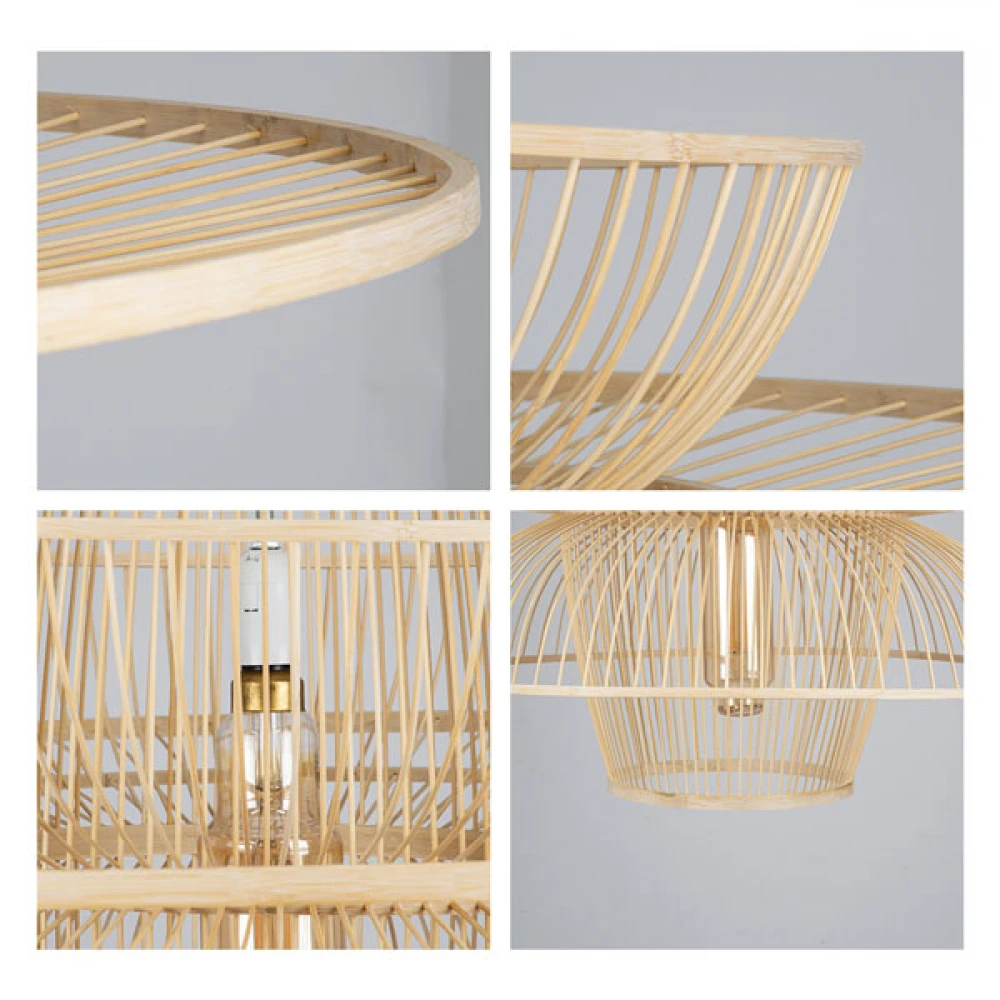 Vintage Κρεμαστό Φωτιστικό Οροφής Μονόφωτο Μπεζ Ξύλινο Bamboo Πλέγμα Φ100 x Y60cm