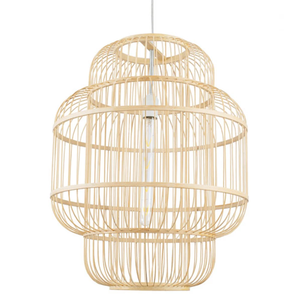 Vintage Κρεμαστό Φωτιστικό Οροφής Μονόφωτο Μπεζ Ξύλινο Bamboo Πλέγμα Φ48 x Υ60cm