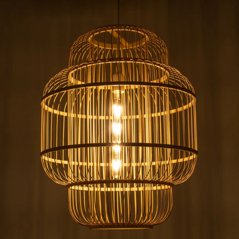 Vintage Κρεμαστό Φωτιστικό Οροφής Μονόφωτο Μπεζ Ξύλινο Bamboo Πλέγμα Φ48 x Υ60cm