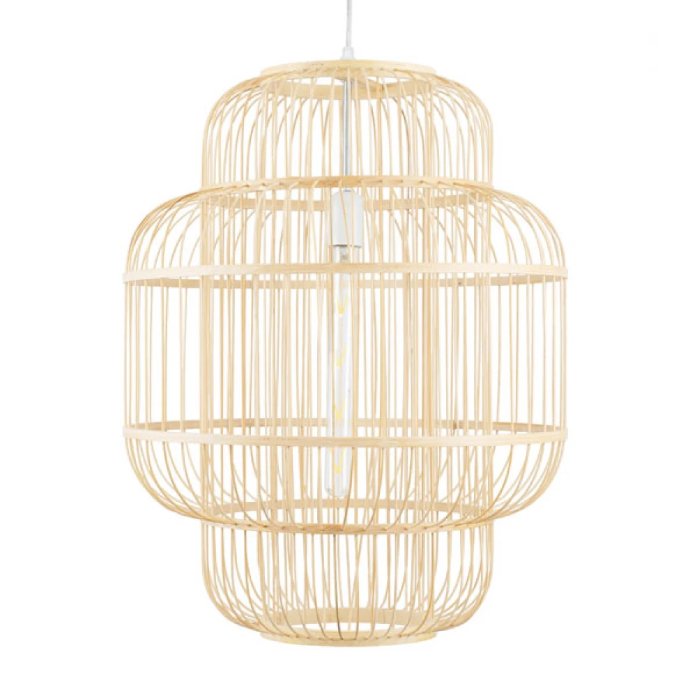 Vintage Κρεμαστό Φωτιστικό Οροφής Μονόφωτο Μπεζ Ξύλινο Bamboo Πλέγμα Φ48 x Υ60cm