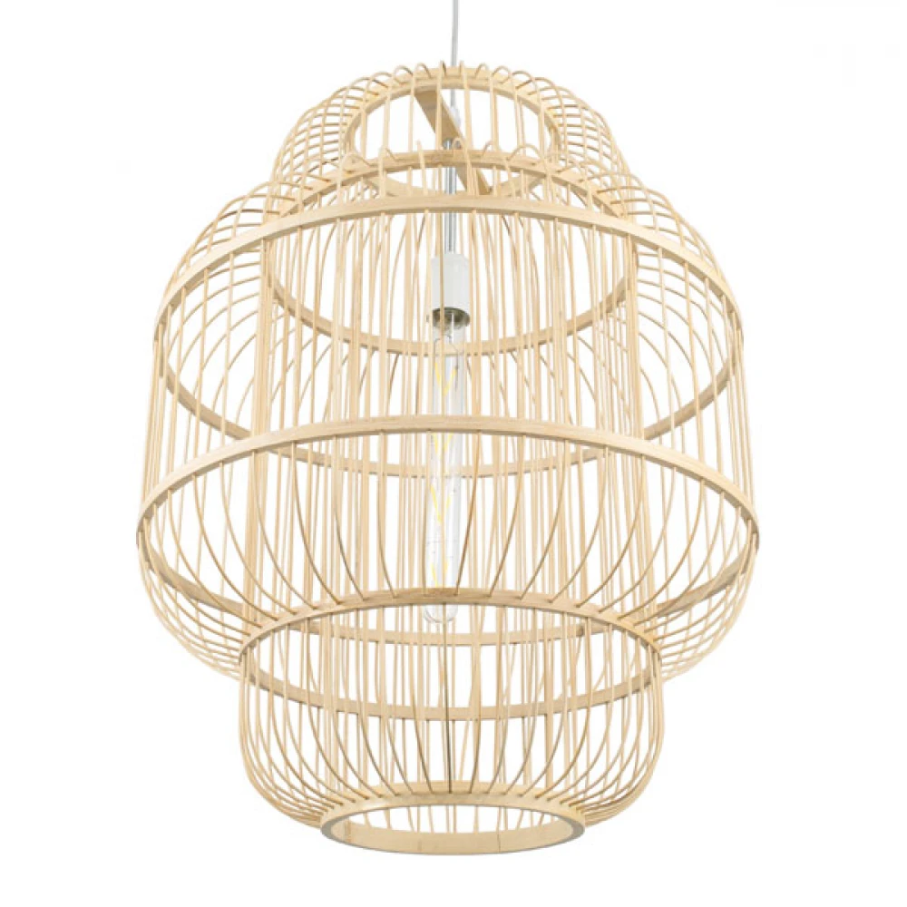 Vintage Κρεμαστό Φωτιστικό Οροφής Μονόφωτο Μπεζ Ξύλινο Bamboo Πλέγμα Φ48 x Υ60cm