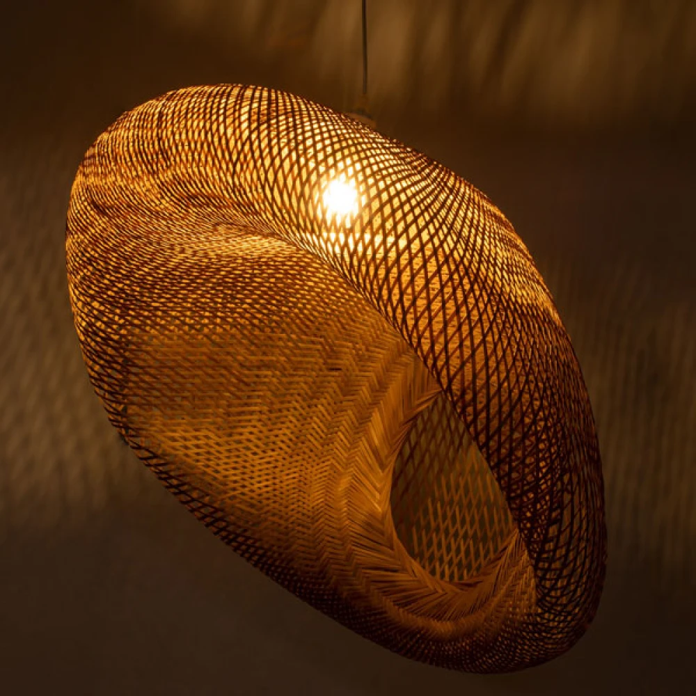 Μοντέρνο Κρεμαστό Φωτιστικό Οροφής Μονόφωτο 1 x E27 Μπεζ Μπαμπού Πλέγμα D80 x H35cm