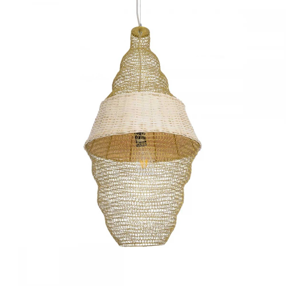 Vintage Κρεμαστό Φωτιστικό Οροφής Μονόφωτο 1 x E27 AC220-240V IP20 - Φ40 x Υ80cm - Μπεζ Μεταλλικό με Μπαμπού Πλέγμα