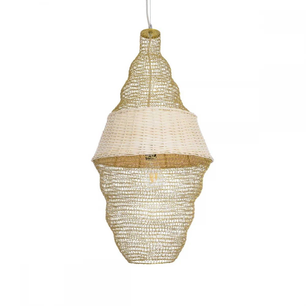 Vintage Κρεμαστό Φωτιστικό Οροφής Μονόφωτο 1 x E27 AC220-240V IP20 - Φ40 x Υ80cm - Μπεζ Μεταλλικό με Μπαμπού Πλέγμα