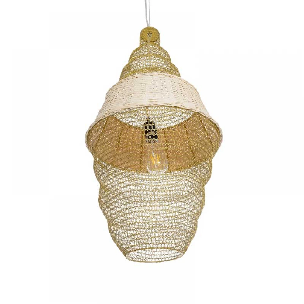 Vintage Κρεμαστό Φωτιστικό Οροφής Μονόφωτο 1 x E27 AC220-240V IP20 - Φ40 x Υ80cm - Μπεζ Μεταλλικό με Μπαμπού Πλέγμα