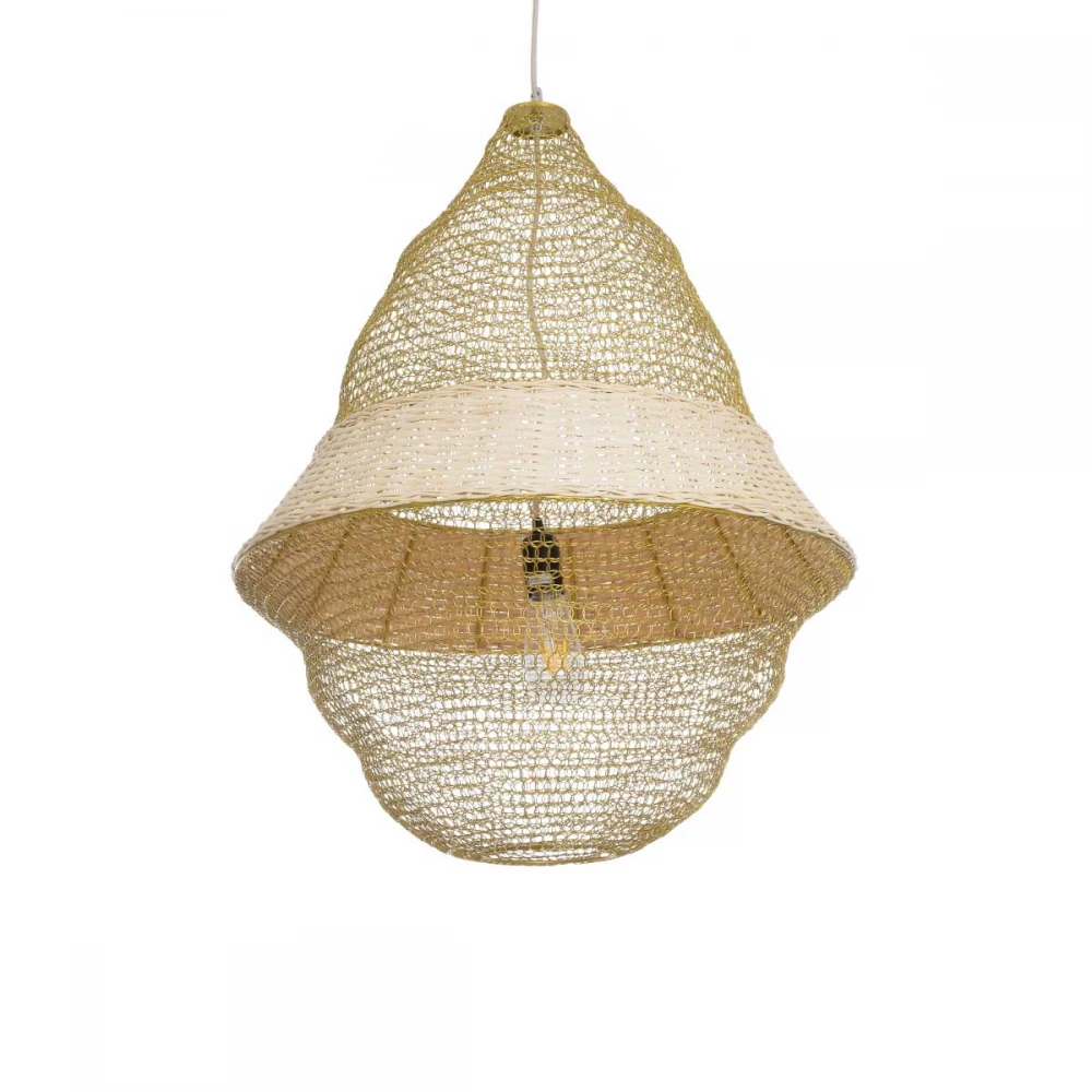 Vintage Κρεμαστό Φωτιστικό Οροφής Μονόφωτο 1 x E27 AC220-240V IP20 - Φ60 x Υ80cm - Μπεζ Μεταλλικό με Μπαμπού Πλέγμα