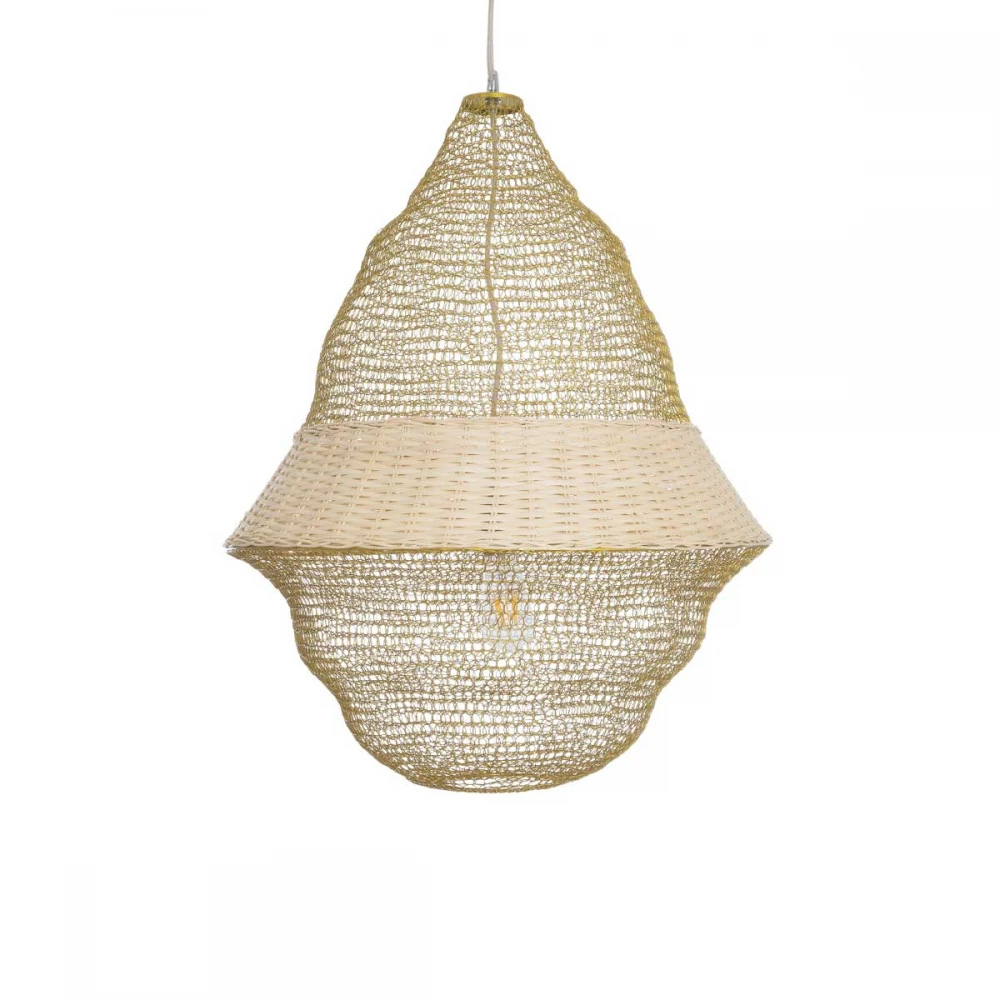 Vintage Κρεμαστό Φωτιστικό Οροφής Μονόφωτο 1 x E27 AC220-240V IP20 - Φ60 x Υ80cm - Μπεζ Μεταλλικό με Μπαμπού Πλέγμα