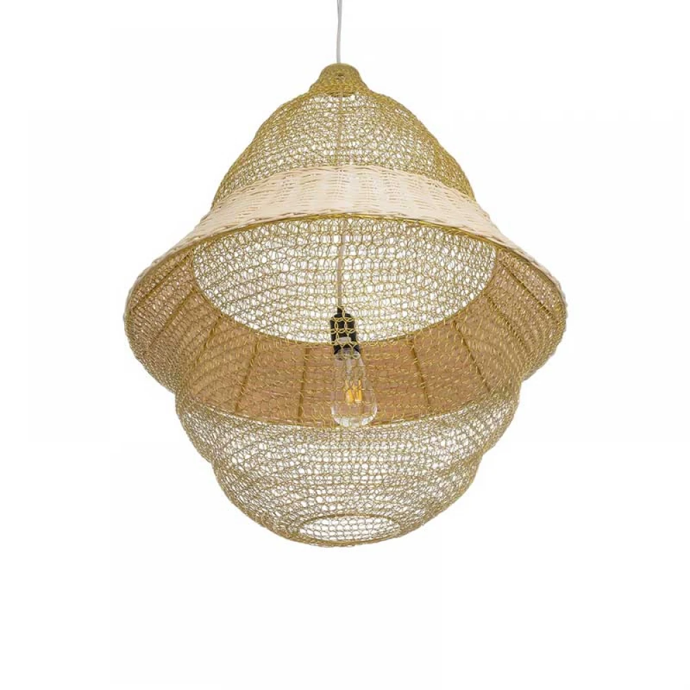 Vintage Κρεμαστό Φωτιστικό Οροφής Μονόφωτο 1 x E27 AC220-240V IP20 - Φ60 x Υ80cm - Μπεζ Μεταλλικό με Μπαμπού Πλέγμα