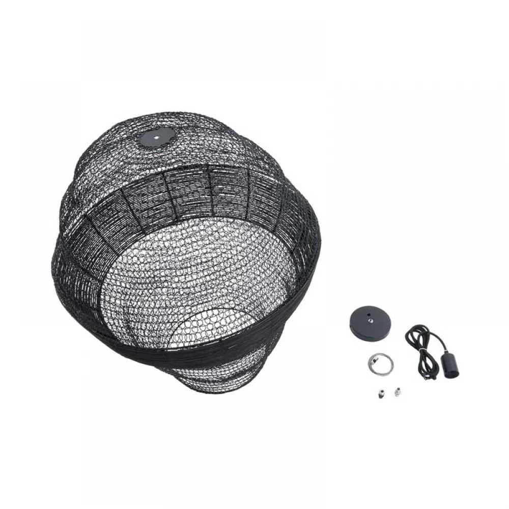 Vintage Κρεμαστό Φωτιστικό Οροφής Μονόφωτο 1 x E27 AC220-240V IP20 - Φ60 x Υ70cm - Μαύρο Μεταλλικό με Μπαμπού Πλέγμα