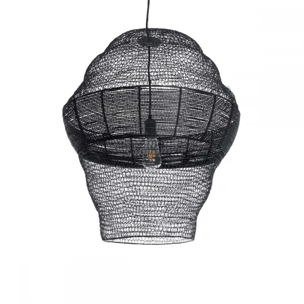 Vintage Κρεμαστό Φωτιστικό Οροφής Μονόφωτο 1 x E27 AC220-240V IP20 - Φ60 x Υ70cm - Μαύρο Μεταλλικό με Μπαμπού Πλέγμα