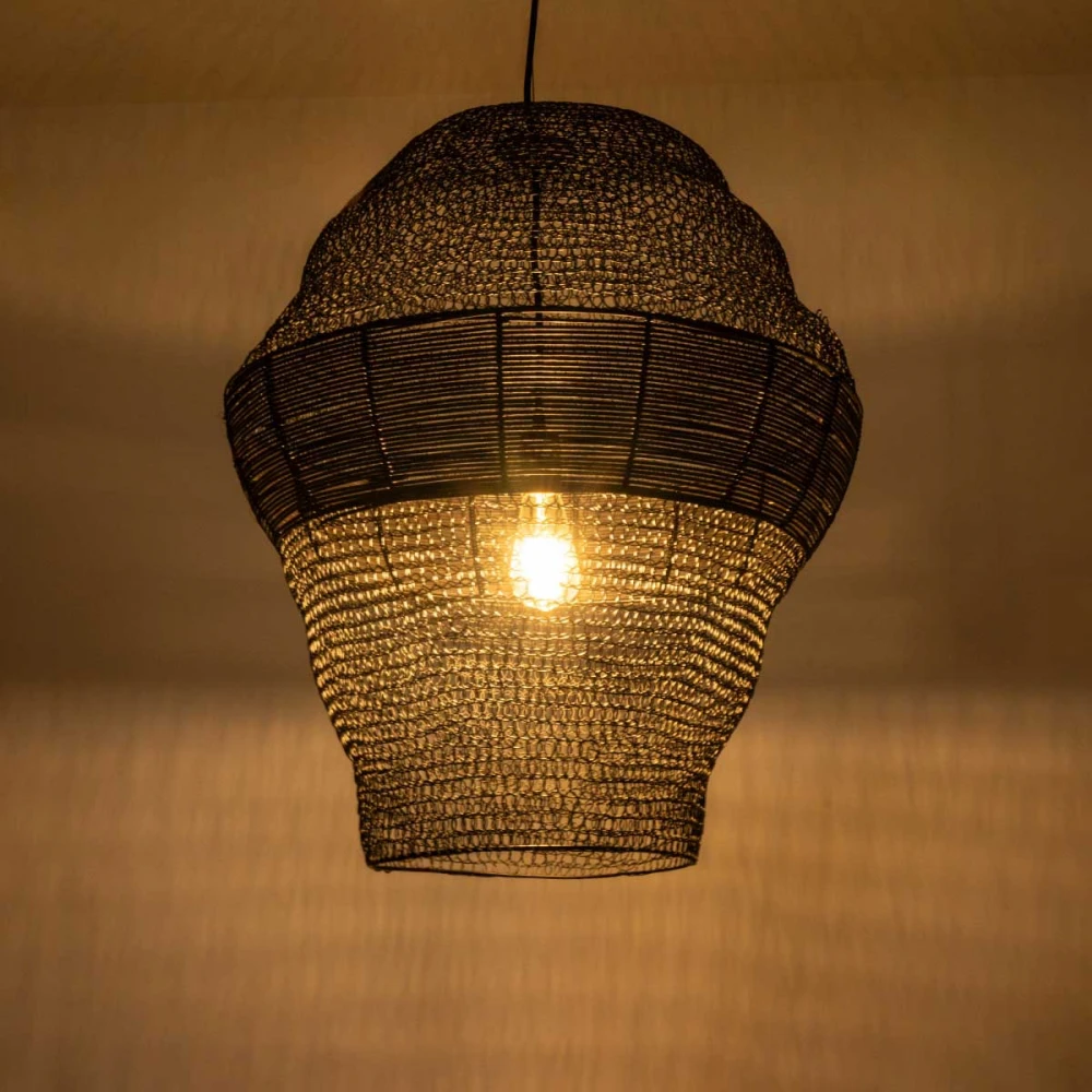 Vintage Κρεμαστό Φωτιστικό Οροφής Μονόφωτο 1 x E27 AC220-240V IP20 - Φ60 x Υ70cm - Μαύρο Μεταλλικό με Μπαμπού Πλέγμα