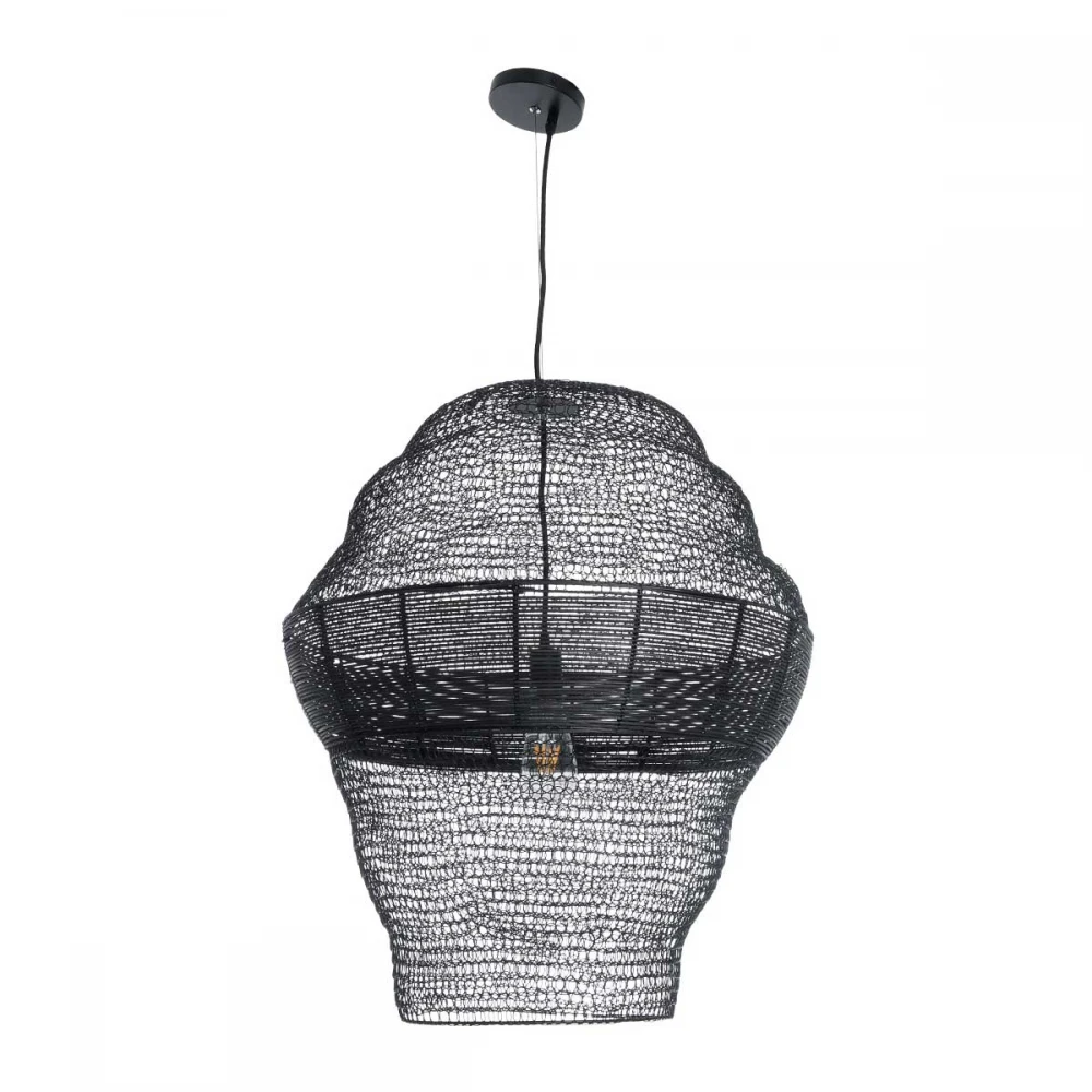 Vintage Κρεμαστό Φωτιστικό Οροφής Μονόφωτο 1 x E27 AC220-240V IP20 - Φ60 x Υ70cm - Μαύρο Μεταλλικό με Μπαμπού Πλέγμα