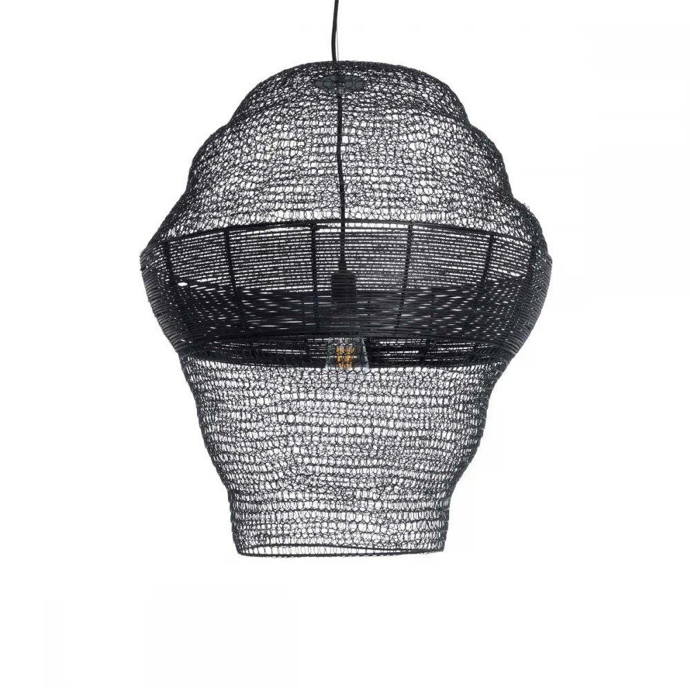 Vintage Κρεμαστό Φωτιστικό Οροφής Μονόφωτο 1 x E27 AC220-240V IP20 - Φ60 x Υ70cm - Μαύρο Μεταλλικό με Μπαμπού Πλέγμα