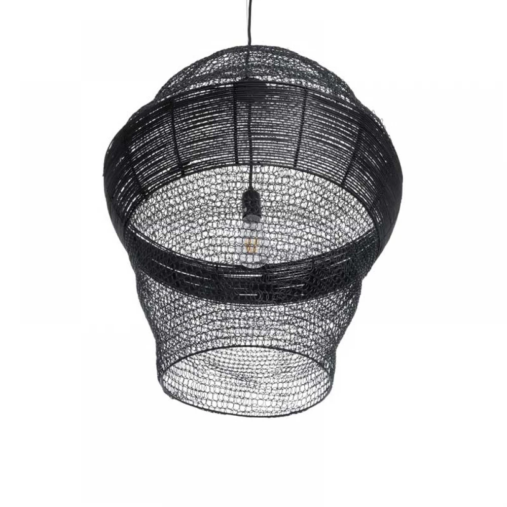 Vintage Κρεμαστό Φωτιστικό Οροφής Μονόφωτο 1 x E27 AC220-240V IP20 - Φ60 x Υ70cm - Μαύρο Μεταλλικό με Μπαμπού Πλέγμα