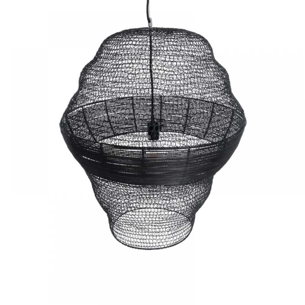 Vintage Κρεμαστό Φωτιστικό Οροφής Μονόφωτο 1 x E27 AC220-240V IP20 - Φ60 x Υ70cm - Μαύρο Μεταλλικό με Μπαμπού Πλέγμα