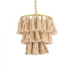Boho Κρεμαστό Φωτιστικό Οροφής Μονόφωτο 1 x E27 AC220-240V IP20 - Φ30 x Υ40cm - Μπεζ Λεπτό Νήμα Βαμβακερό και Χρυσό Μεταλλικό Πλέγμα