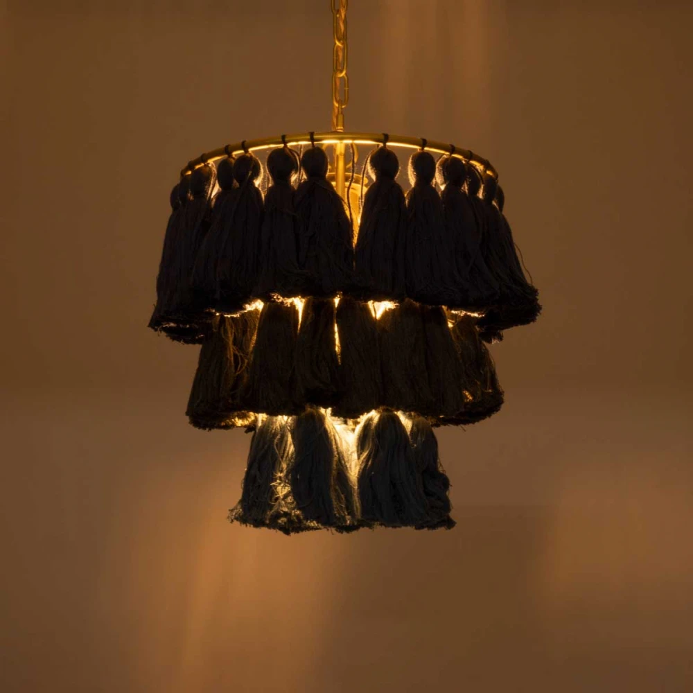 Boho Κρεμαστό Φωτιστικό Οροφής Μονόφωτο 1 x E27 AC220-240V IP20 - Φ30 x Υ40cm - Μπλε Σκούρο με Μαύρο και Μπλε Λεπτό Νήμα Βαμβακερό και Χρυσό Μεταλλικό Πλέγμα