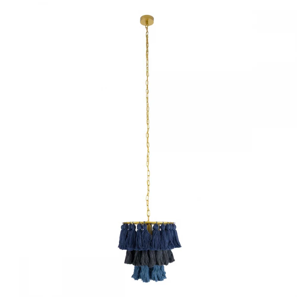 Boho Κρεμαστό Φωτιστικό Οροφής Μονόφωτο 1 x E27 AC220-240V IP20 - Φ30 x Υ40cm - Μπλε Σκούρο με Μαύρο και Μπλε Λεπτό Νήμα Βαμβακερό και Χρυσό Μεταλλικό Πλέγμα