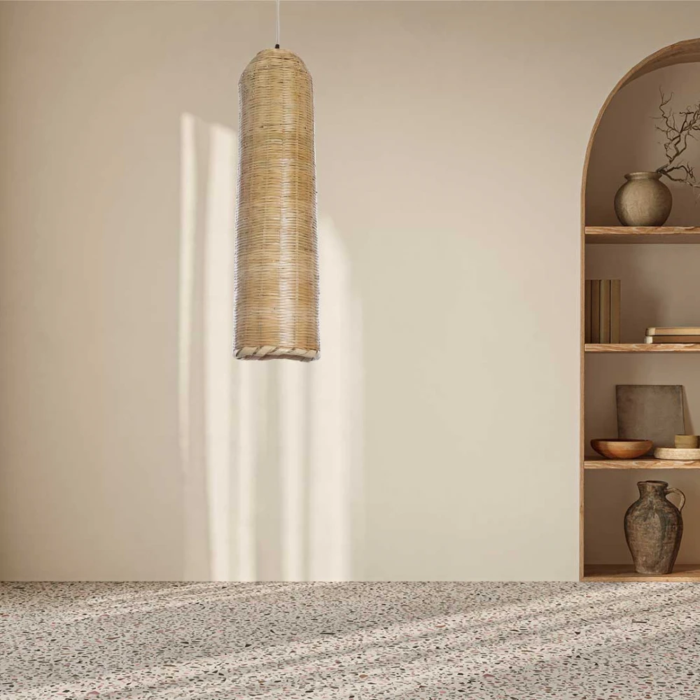 Boho Κρεμαστό Φωτιστικό Οροφής Μονόφωτο 1 x E27 AC220-240V IP20 - Φ20 x Υ80cm - Μπεζ Ξύλινο Μπαμπού Καμπάνα