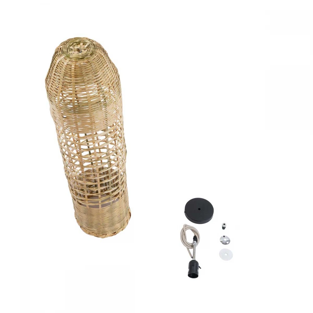 Boho Κρεμαστό Φωτιστικό Οροφής Μονόφωτο 1 x E27 AC220-240V IP20 - Φ20 x Υ80cm - Μπεζ Ξύλινο Μπαμπού Πλέγμα Καμπάνα