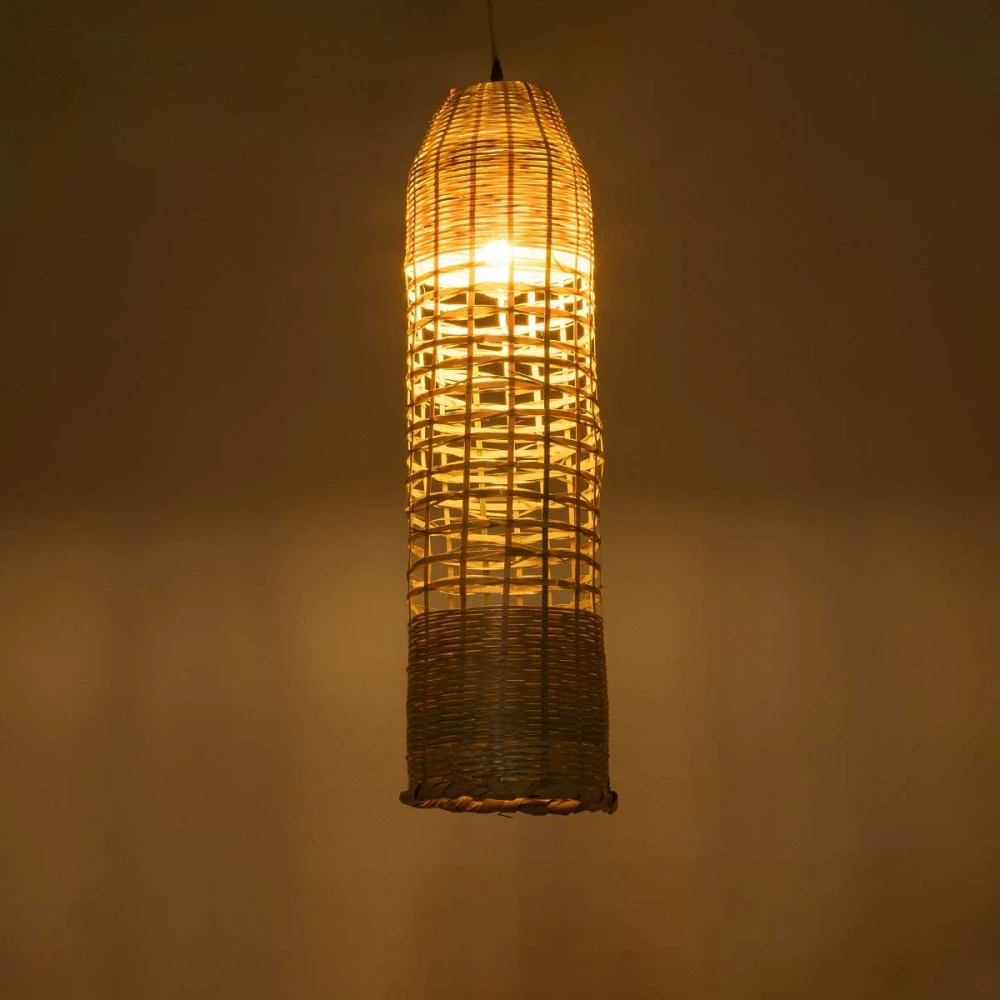 Boho Κρεμαστό Φωτιστικό Οροφής Μονόφωτο 1 x E27 AC220-240V IP20 - Φ20 x Υ80cm - Μπεζ Ξύλινο Μπαμπού Πλέγμα Καμπάνα