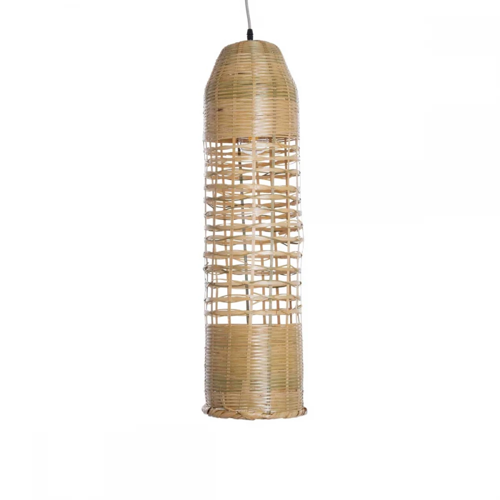 Boho Κρεμαστό Φωτιστικό Οροφής Μονόφωτο 1 x E27 AC220-240V IP20 - Φ20 x Υ80cm - Μπεζ Ξύλινο Μπαμπού Πλέγμα Καμπάνα