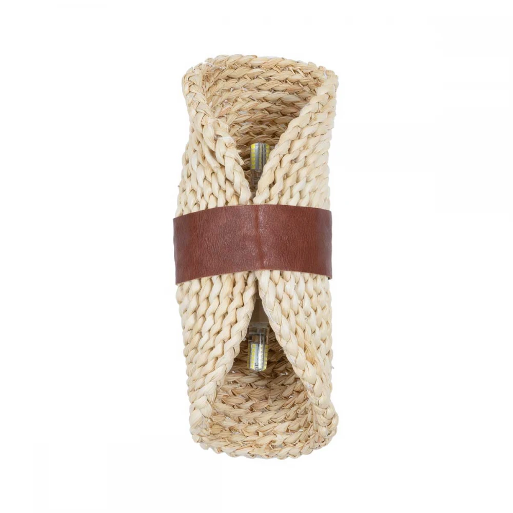 Boho Φωτιστικό Τοίχου - Απλίκα Δίφωτο 2 x G9 AC220-240V IP20 - Μ11 x Π13 x Υ30cm - Μπεζ Ξύλινο Μπαμπού Πλέγμα με Καφέ Δέρμα