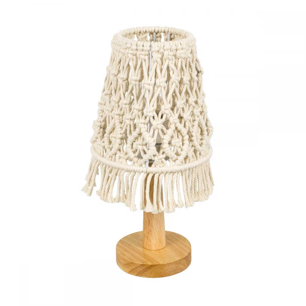 Vintage Επιτραπέζιο Φωτιστικό Πορτατίφ Μονόφωτο Boho - Μακραμέ Πλεκτό Χειροποίητο Μπεζ Υφασμάτινο με Σχοινί Φ15 x Υ30cm RWANDA