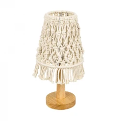 Vintage Επιτραπέζιο Φωτιστικό Πορτατίφ Μονόφωτο Boho - Μακραμέ Πλεκτό Χειροποίητο Μπεζ Υφασμάτινο με Σχοινί Φ15 x Υ30cm RWANDA