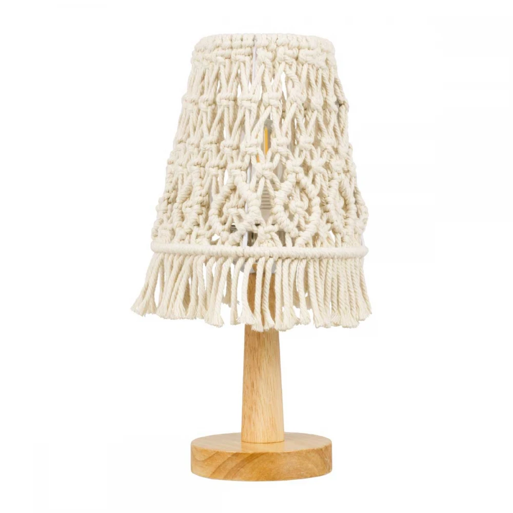 Vintage Επιτραπέζιο Φωτιστικό Πορτατίφ Μονόφωτο Boho - Μακραμέ Πλεκτό Χειροποίητο Μπεζ Υφασμάτινο με Σχοινί Φ15 x Υ30cm RWANDA