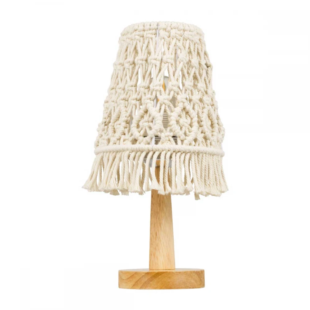 Vintage Επιτραπέζιο Φωτιστικό Πορτατίφ Μονόφωτο Boho - Μακραμέ Πλεκτό Χειροποίητο Μπεζ Υφασμάτινο με Σχοινί Φ15 x Υ30cm RWANDA