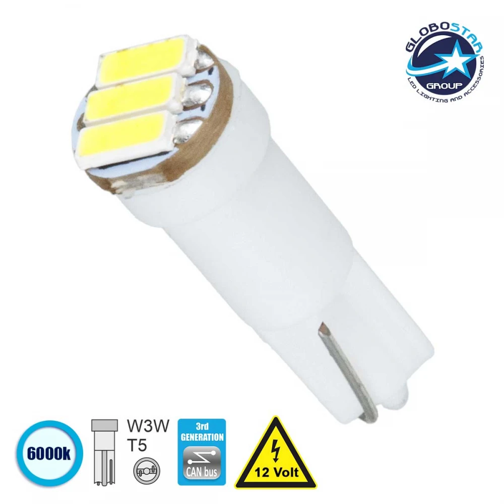 Λάμπα Αυτοκινήτου T5 3rd Generation Can-Bus LED 3 SMD 4014 0.6W 120lm 120° DC 12V IP20 Ψυχρό Λευκό 6000K - GloboStar