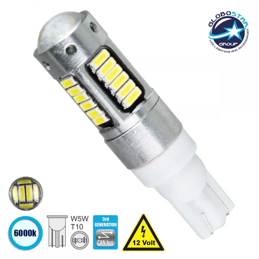 Λάμπα Αυτοκίνητου T10 W5W 3rd Generation Can-Bus Series LED 30 SMD 4014 6W 900lm 360° DC 12V IP20 Ψυχρό Λευκό 6000K GloboStar 