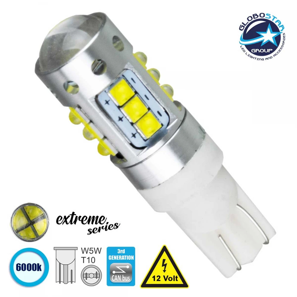 Λάμπα Αυτοκίνητου T10 W5W 3rd Generation Can-Bus Extreme Series LED 16 CREE XBD 15W 2115lm 360° DC 12V IP20 Ψυχρό Λευκό 6000K GloboStar 