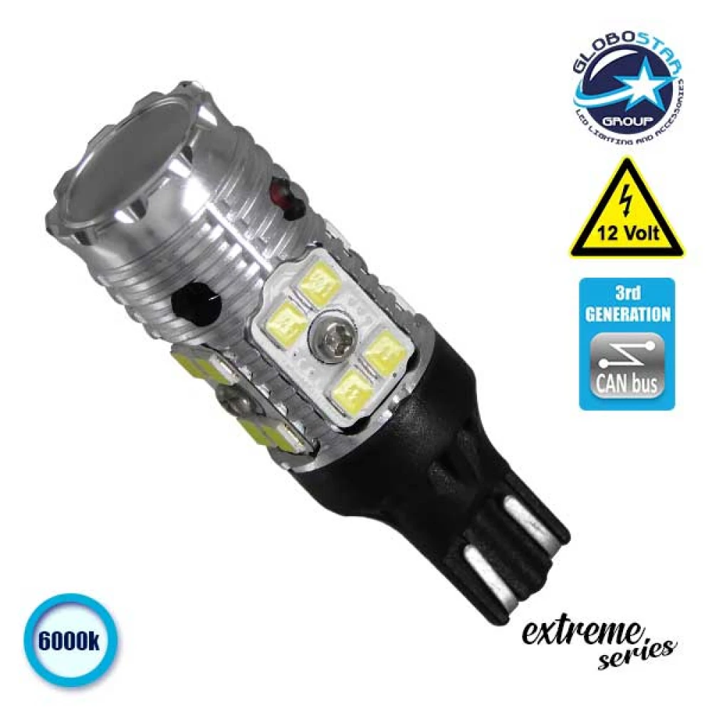 Λαμπτήρας LED T10 T15 W16W Extreme Series Can-Bus 3ης Γενιάς 13w 12v Ψυχρό Λευκό 6000k GloboStar