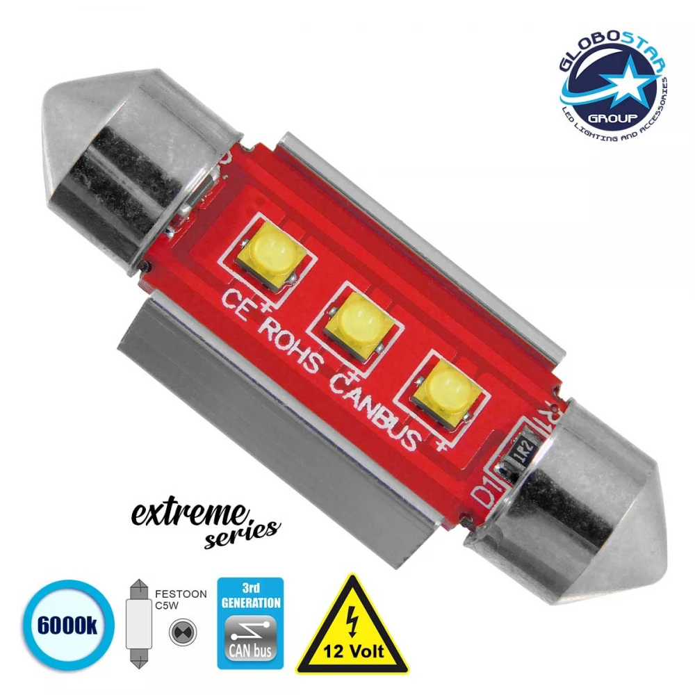 GloboStar® C5W 81325 Λάμπα Αυτοκίνητου 36mm FESTOON 3rd Generation Can-Bus Extreme Series LED 3 CREE XPE 2.05W 260lm 120° DC 12V IP20 Ψυχρό Λευκό 6000K