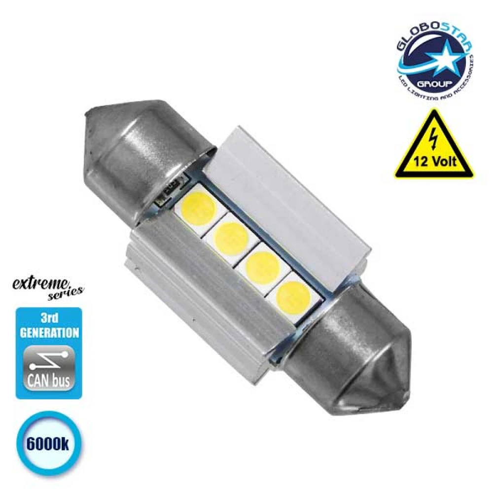 Σωληνωτός LED Extreme Series Can-Bus 3ης Γενιάς 31mm 3.1w 12V Ψυχρό Λευκό 6000k GloboStar