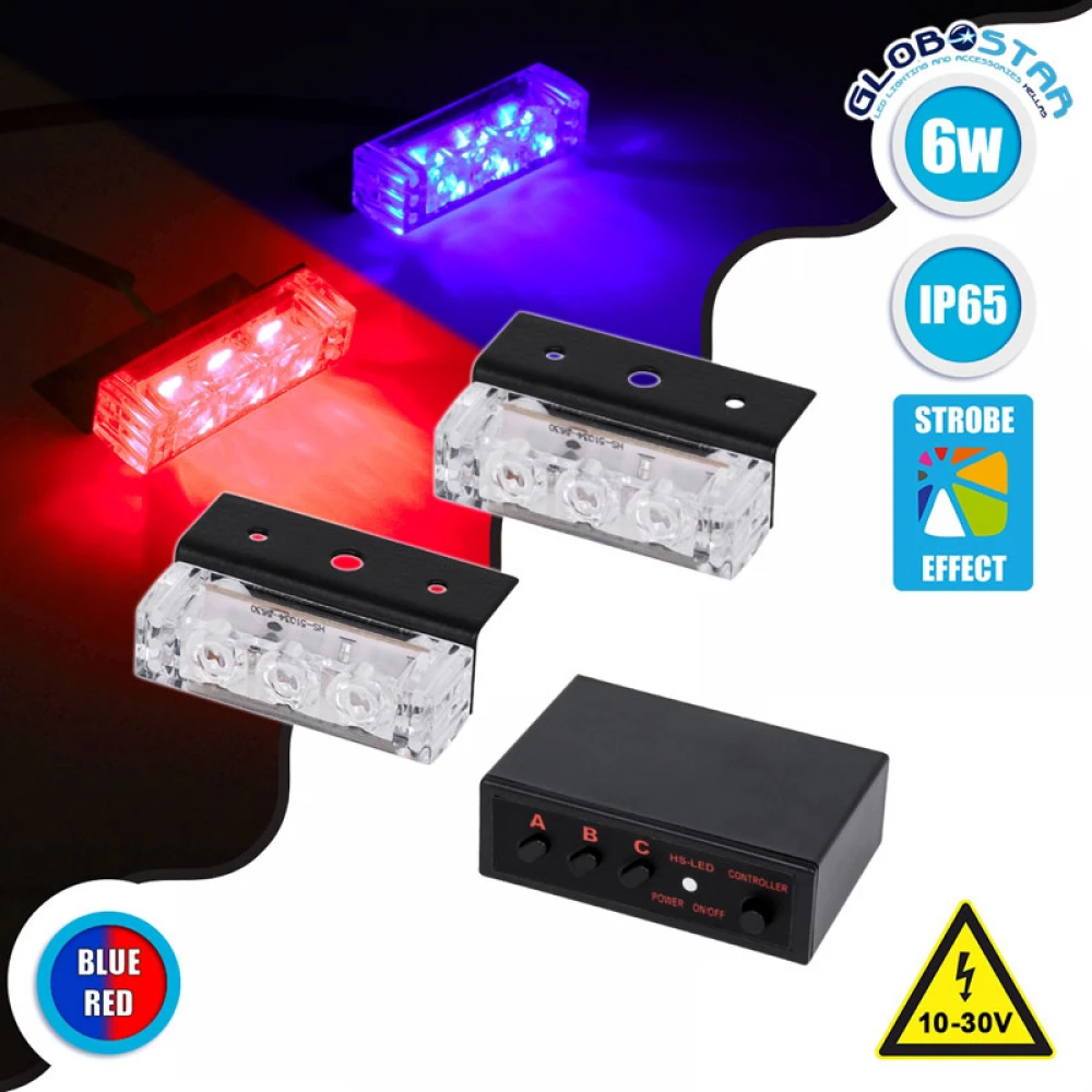 PRO Series ΣΕΤ 2 x Μπάρες Σήμανσης Οχήματος Αστυνομίας για Αυτοκίνητα & Φορτηγά 3 Προγραμμάτων Φωτισμού STROBE LED HIGH POWER 6W DC 10-30V Αδιάβροχο IP65 Μπλε & Κόκκινο Globostar