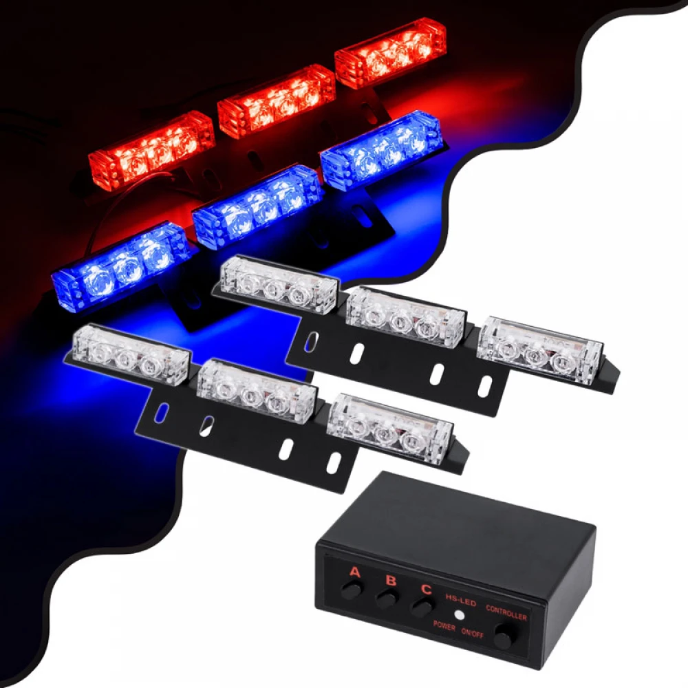 PRO Series ΣΕΤ 2 x Μπάρες Σήμανσης Οχήματος Αστυνομίας για Αυτοκίνητα & Φορτηγά 3 Προγραμμάτων Φωτισμού STROBE LED HIGH POWER 18W DC 10-30V Αδιάβροχο IP65 Μπλε & Κόκκινο Globostar