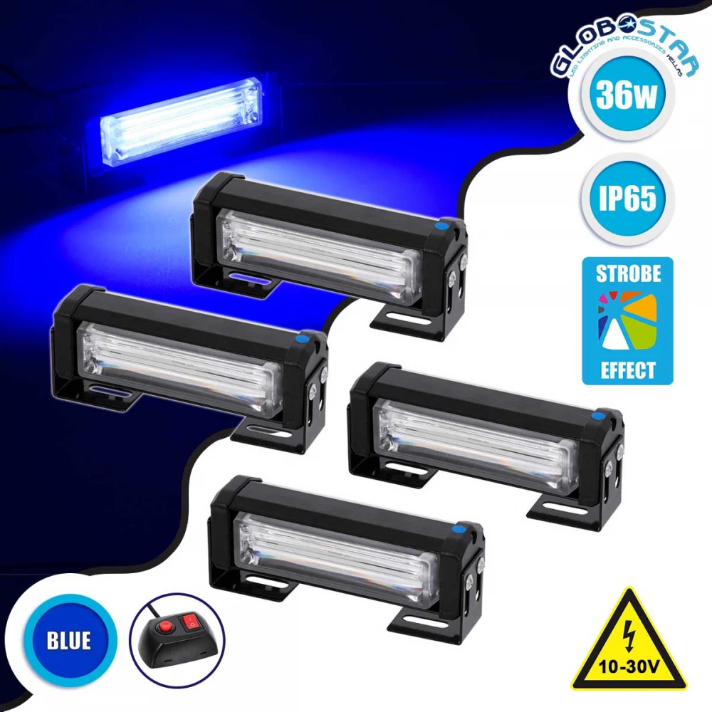 PRO Series ΣΕΤ 4 x Μπάρες Σήμανσης Οχήματος Αστυνομίας για Αυτοκίνητα & Φορτηγά 13 Προγραμμάτων Φωτισμού STROBE LED CREE CXB COB 36W DC 10-30V Αδιάβροχο IP65 Μπλε GloboStar