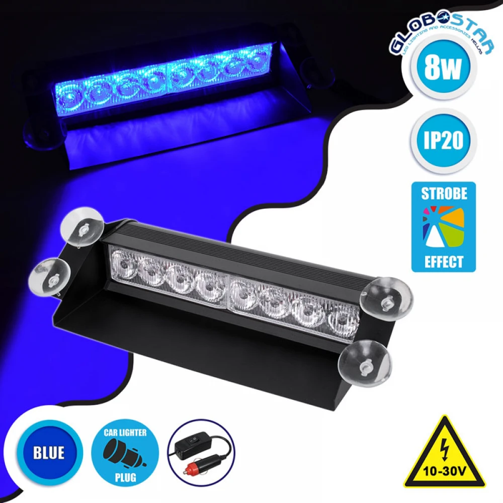 PRO Series Μπάρα Σήμανσης με Βεντούζες Στήριξης για Παρμπρίζ Οχήματος Αστυνομίας για Αυτοκίνητα & Φορτηγά 9 Προγραμμάτων Φωτισμού STROBE LED SMD 8W DC 10-30V IP20 Μπλε Globostar