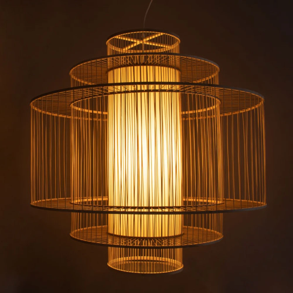 Μοντέρνο Κρεμαστό Φωτιστικό Οροφής Μονόφωτο 1 x E27 Μπεζ Μπαμπού Πλέγμα D100 x H100cm