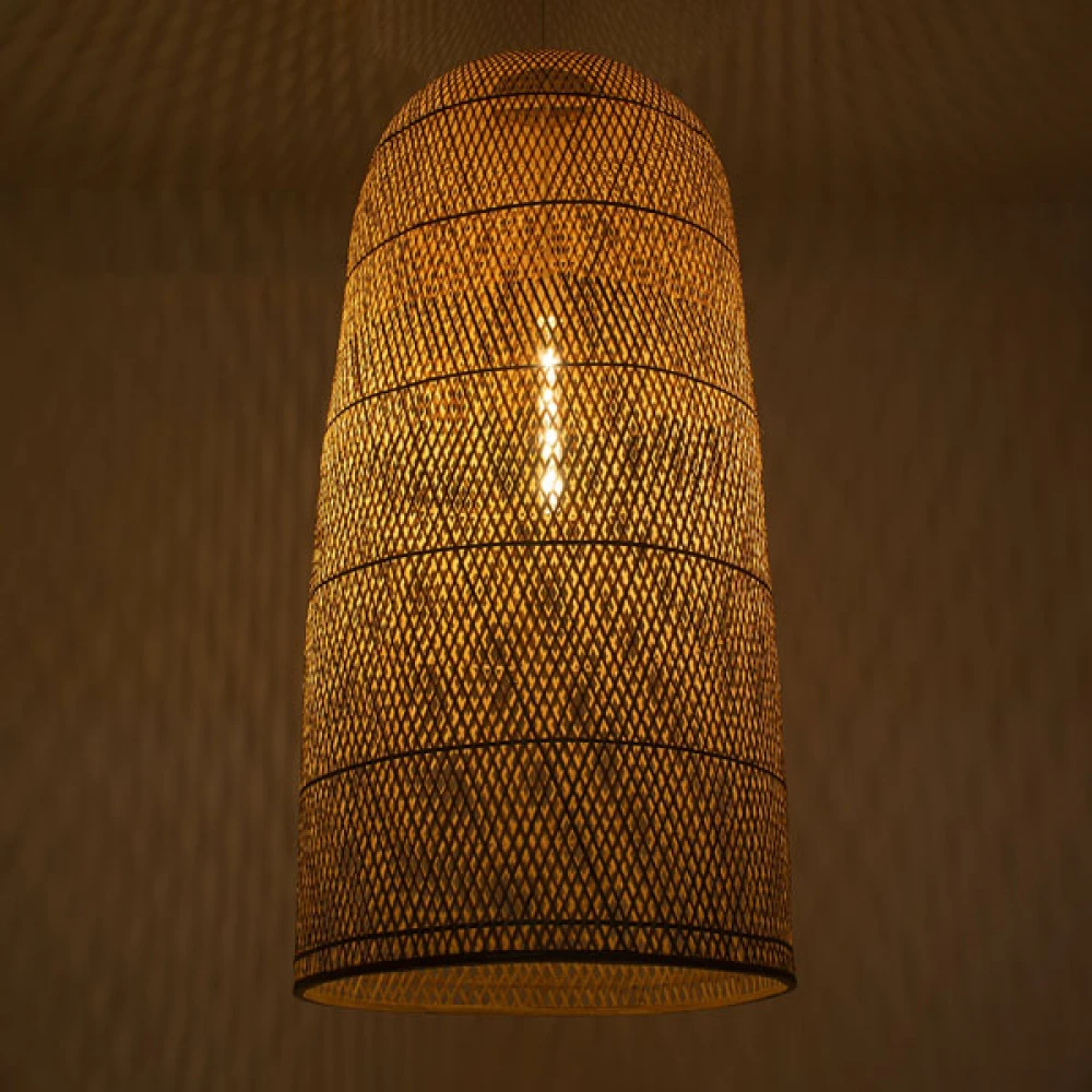 Μοντέρνο Κρεμαστό Φωτιστικό Οροφής Μονόφωτο 1 x E27 Μπεζ Μπαμπού Καμπάνα D60 x H120cm