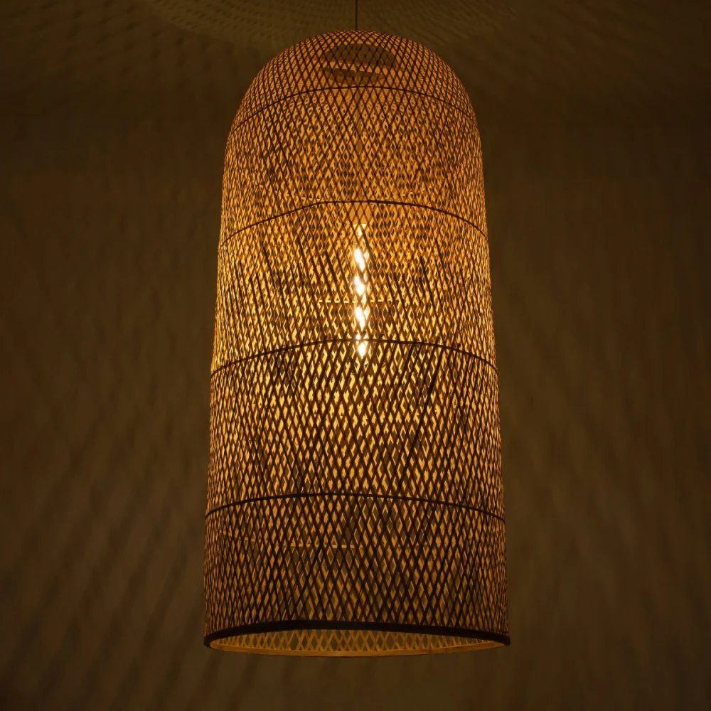 Μοντέρνο Κρεμαστό Φωτιστικό Οροφής Μονόφωτο 1 x E27 Μπεζ Μπαμπού Καμπάνα D50 x H110cm